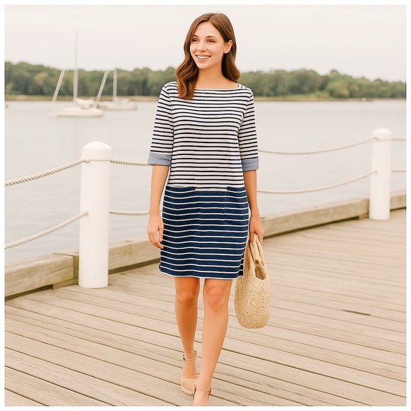 Joules Womens Nautical Stripe Cotton Shift Dress Pockets Blue White Size 8 - Picture 1 of 11